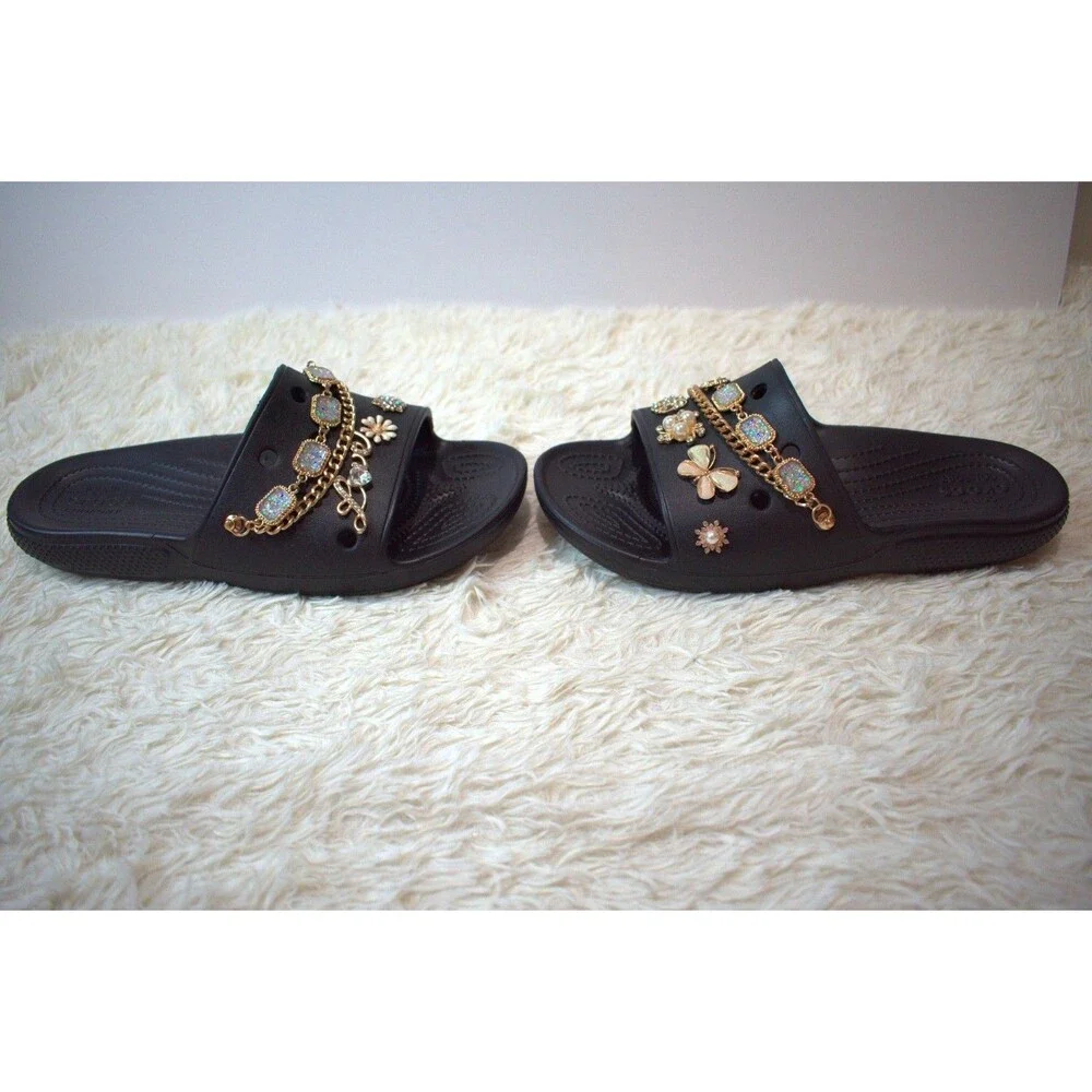 Crocs Slides Customized with Gold Luxe Charms (206761‑001 ) - Women's Size 10
